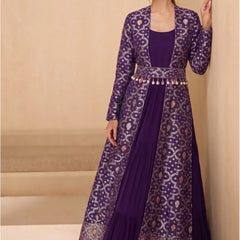 Purple Brocade Georgette Gown Suit