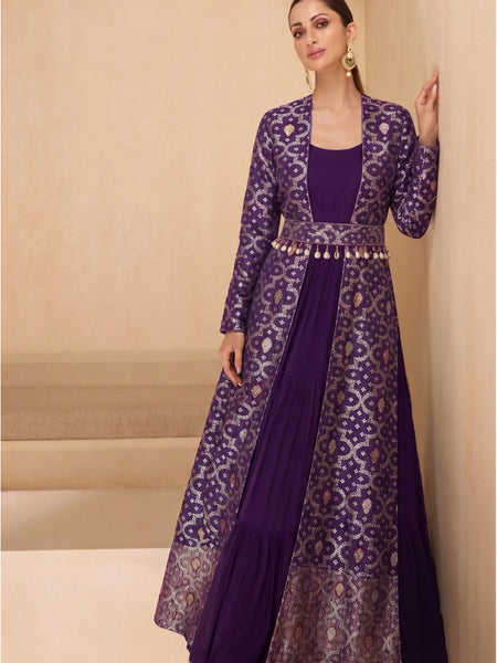 Purple Brocade Georgette Gown Suit