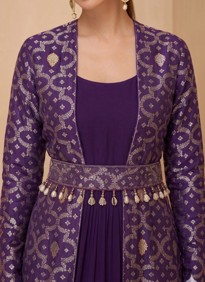 Purple Brocade Georgette Gown Suit