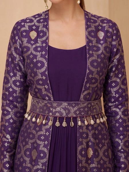 Purple Brocade Georgette Gown Suit