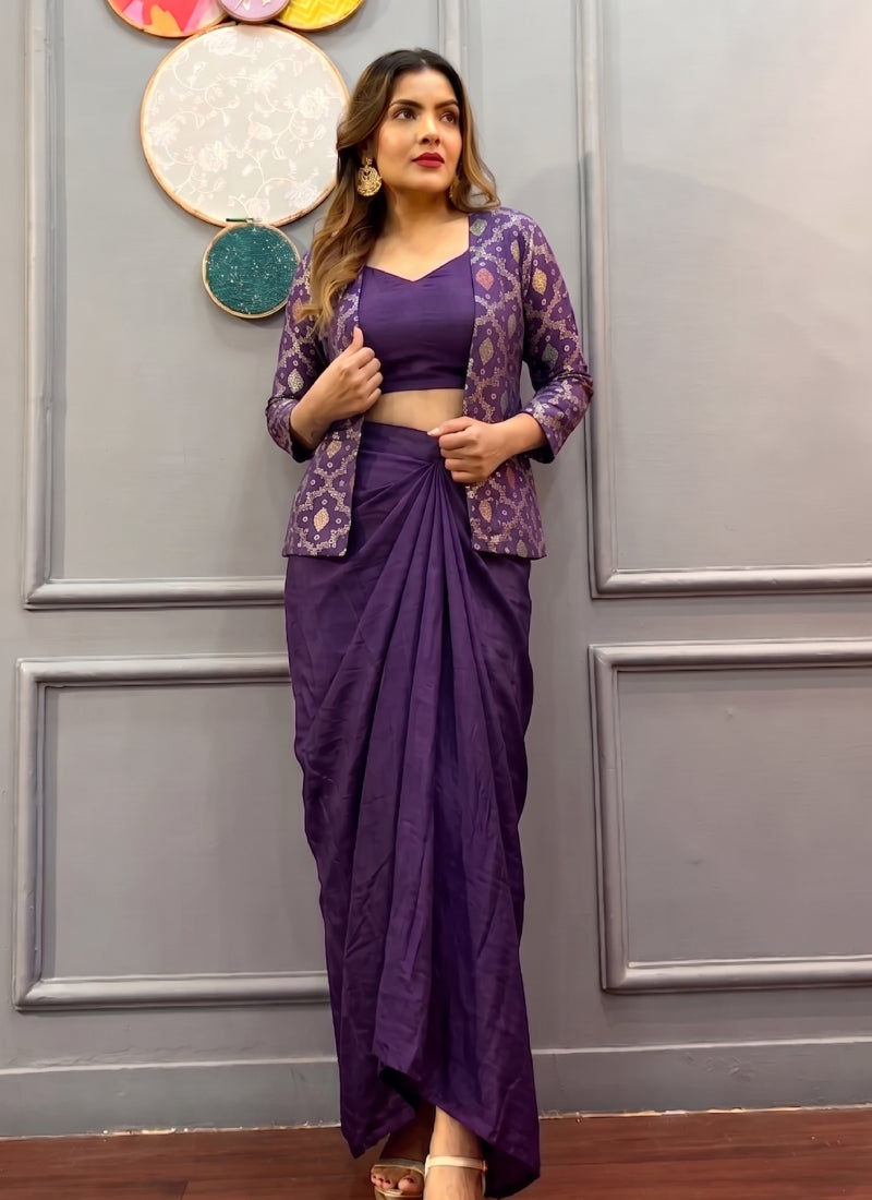 Purple Brocade Chinon Silk Indo Western Suit