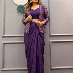 Purple Brocade Chinon Silk Indo Western Suit