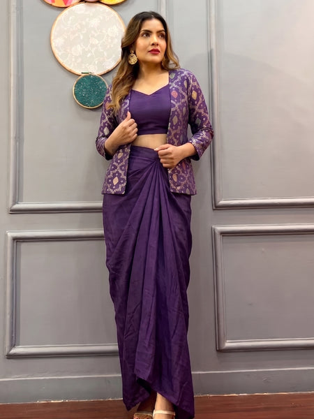 Purple Brocade Chinon Silk Indo Western Suit