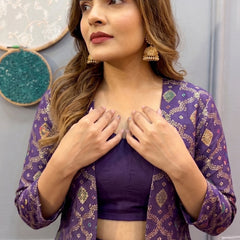 Purple Brocade Chinon Silk Indo Western Suit
