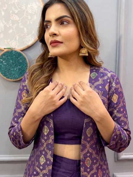 Purple Brocade Chinon Silk Indo Western Suit