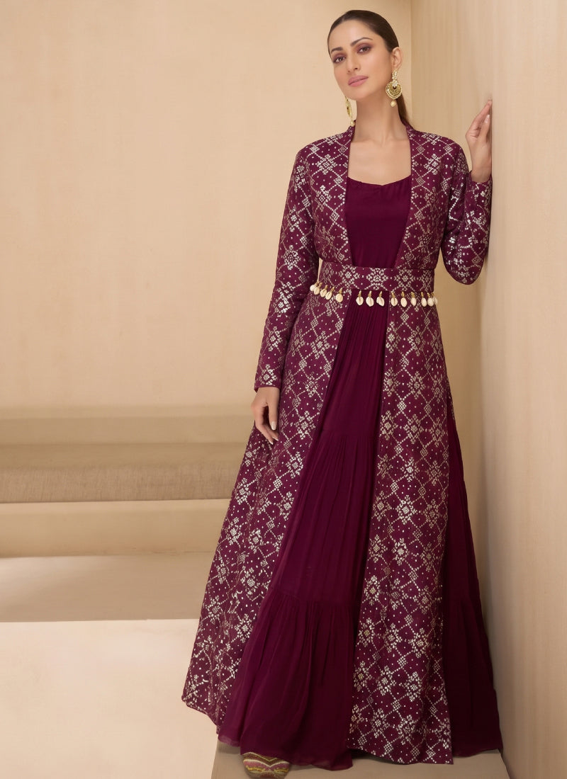 Wine Brocade Jacquard Indo Western Suit