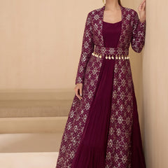 Wine Brocade Jacquard Indo Western Suit