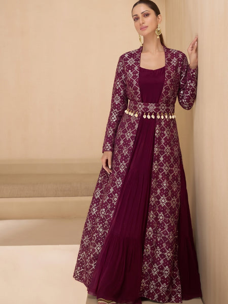 Wine Brocade Jacquard Indo Western Suit