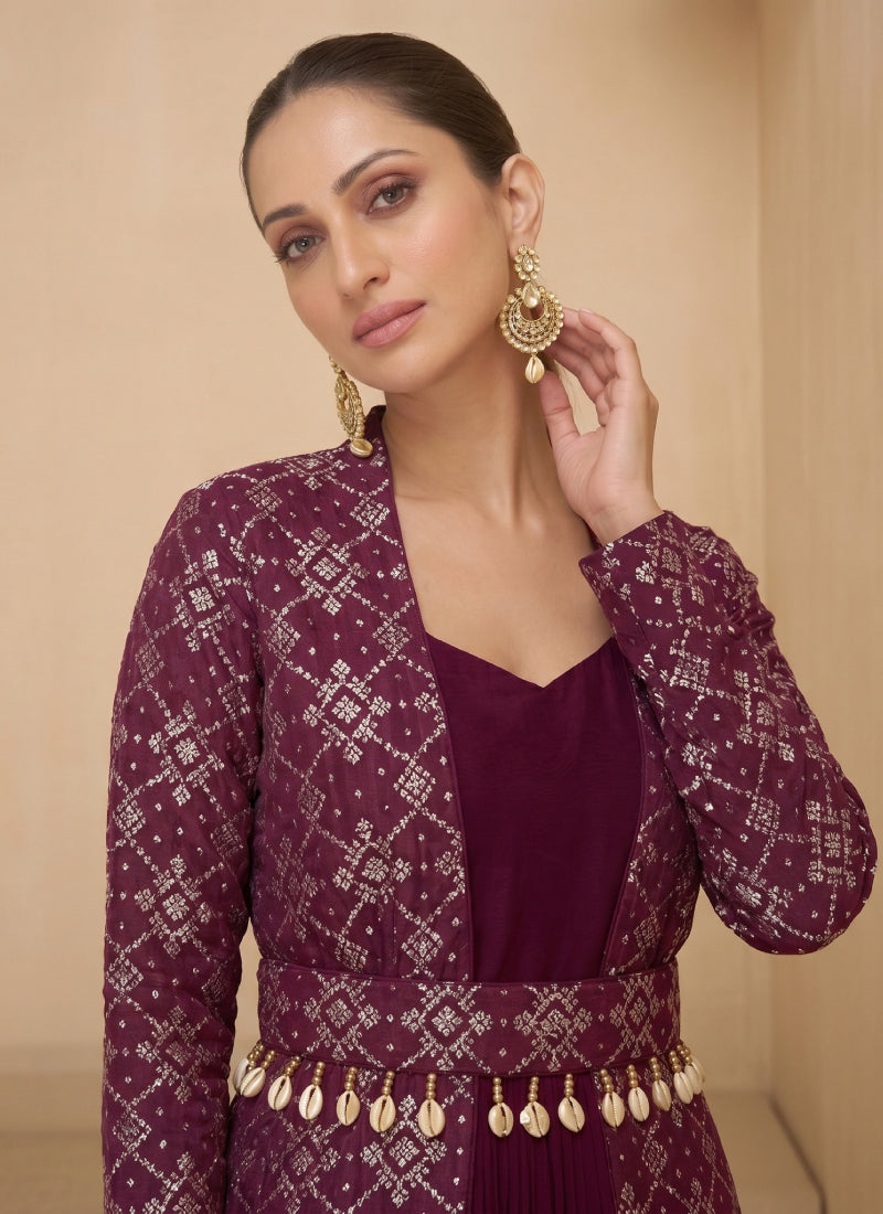 Wine Brocade Jacquard Indo Western Suit