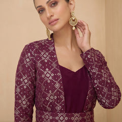 Wine Brocade Jacquard Indo Western Suit