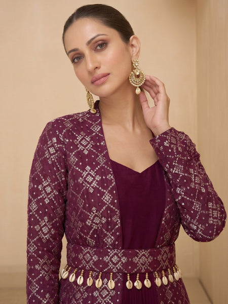 Wine Brocade Jacquard Indo Western Suit