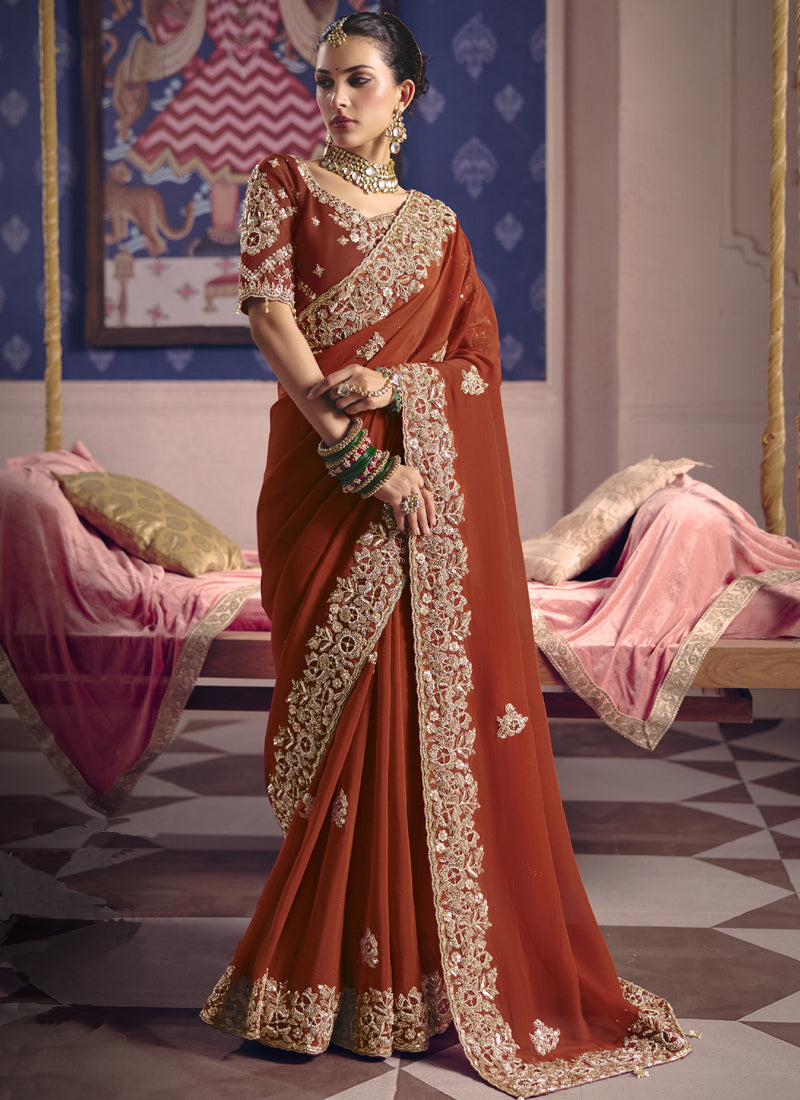 Red Silk Embroidered Wedding Wear Saree
