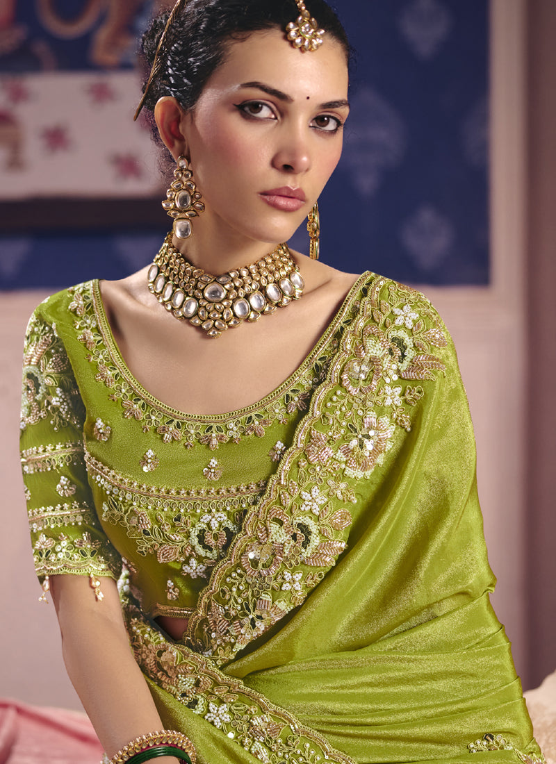 Parrot Green Silk Embroidered Wedding Wear Saree