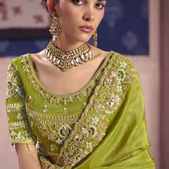 Parrot Green Silk Embroidered Wedding Wear Saree