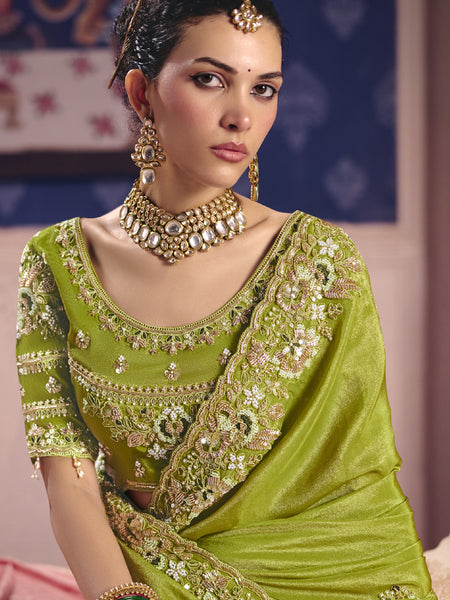 Parrot Green Silk Embroidered Wedding Wear Saree
