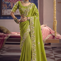Parrot Green Silk Embroidered Wedding Wear Saree