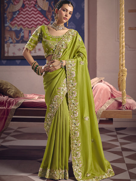 Parrot Green Silk Embroidered Wedding Wear Saree