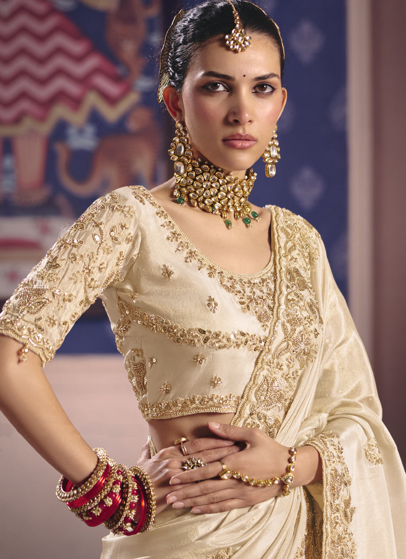 Cream Silk Embroidered Wedding Wear Saree