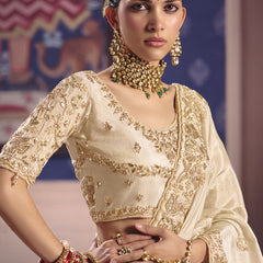 Cream Silk Embroidered Wedding Wear Saree