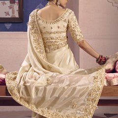 Cream Silk Embroidered Wedding Wear Saree