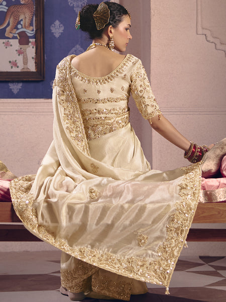 Cream Silk Embroidered Wedding Wear Saree