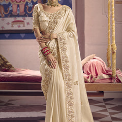 Cream Silk Embroidered Wedding Wear Saree