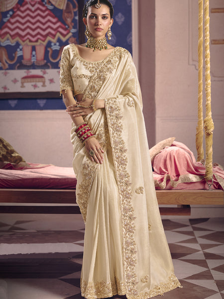 Cream Silk Embroidered Wedding Wear Saree