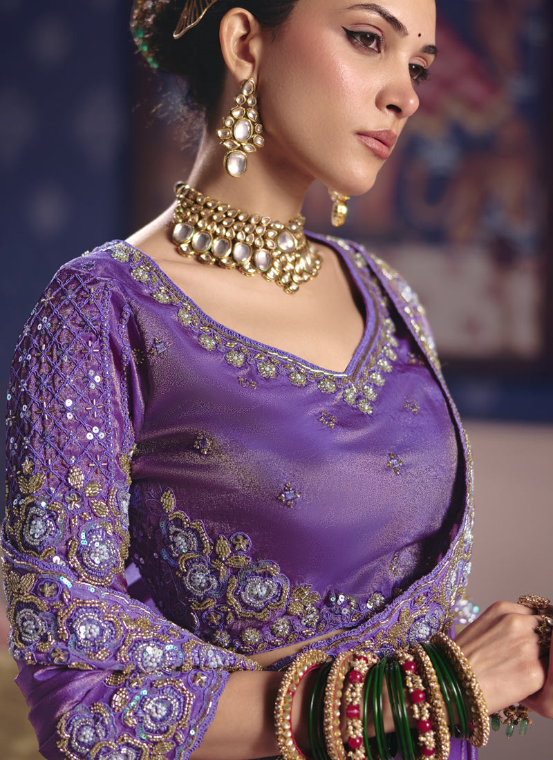 Purple Silk Embroidered Wedding Wear Saree