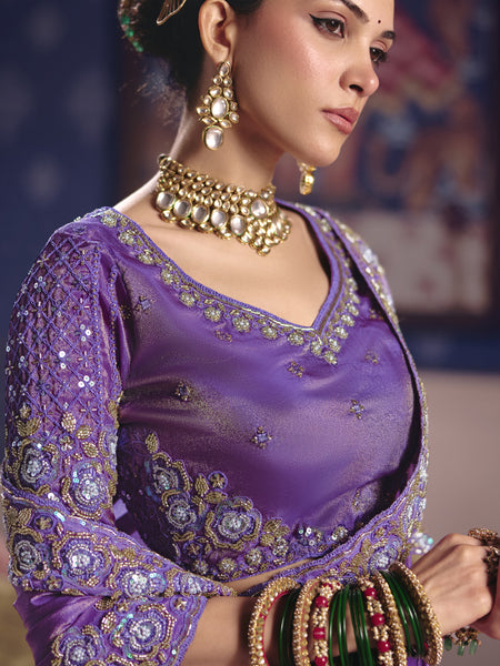 Purple Silk Embroidered Wedding Wear Saree
