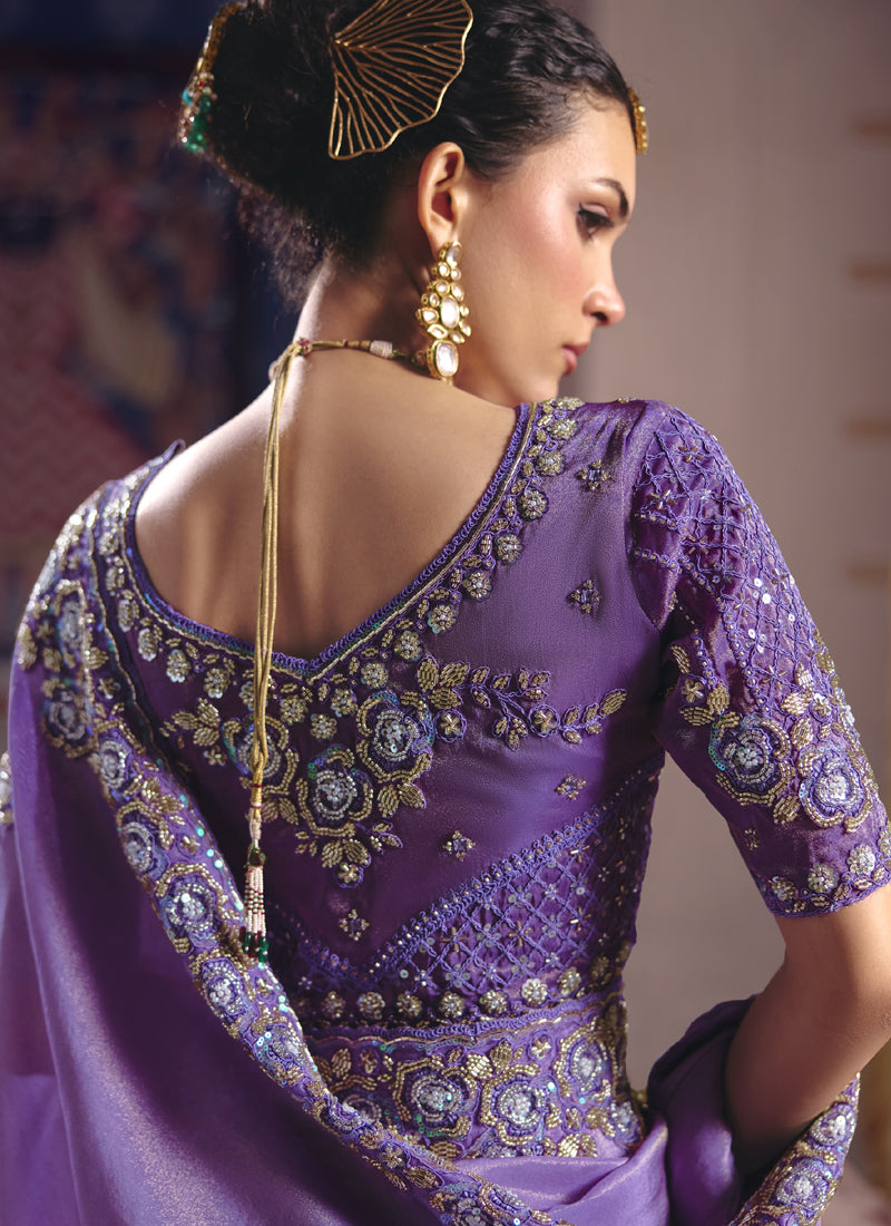 Purple Silk Embroidered Wedding Wear Saree