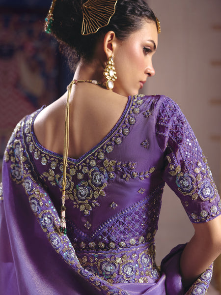 Purple Silk Embroidered Wedding Wear Saree