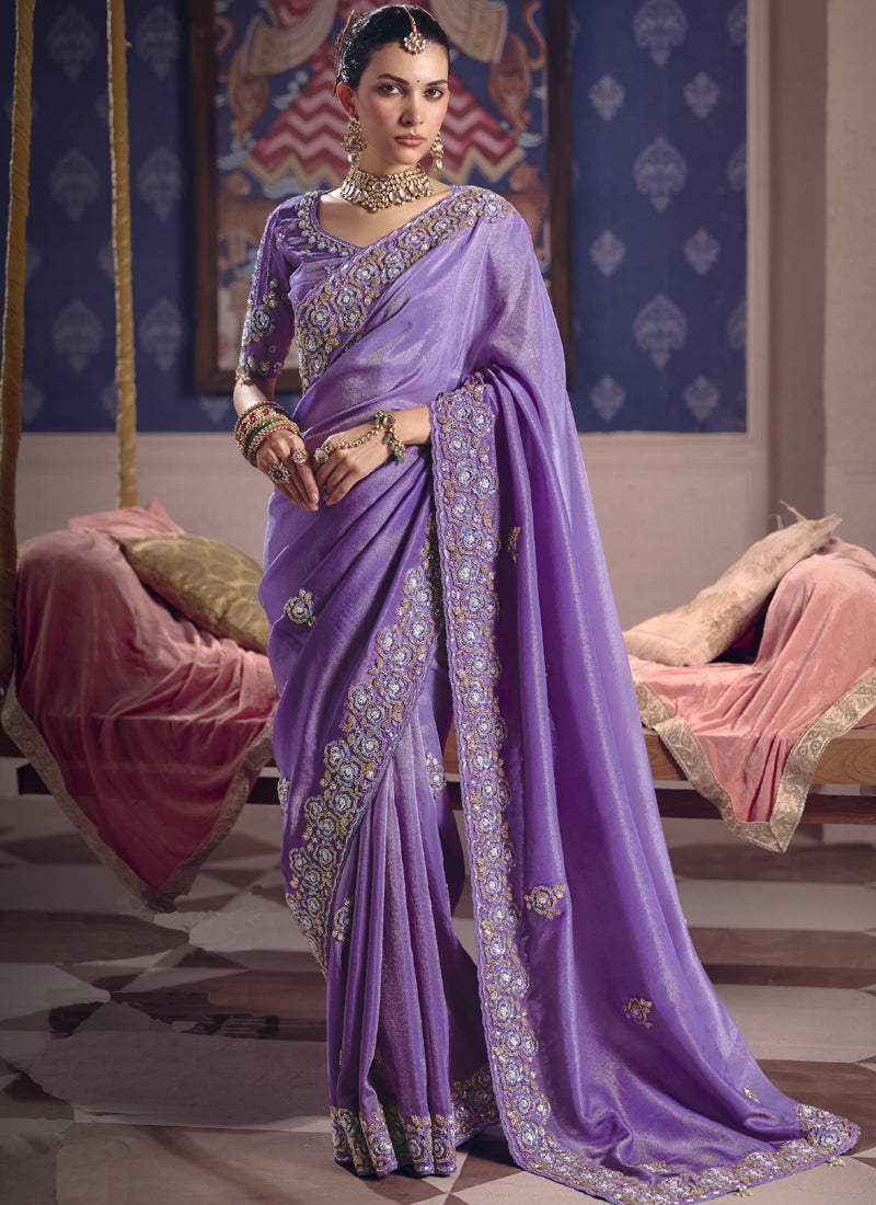 Purple Silk Embroidered Wedding Wear Saree