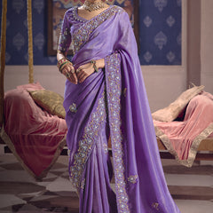 Purple Silk Embroidered Wedding Wear Saree