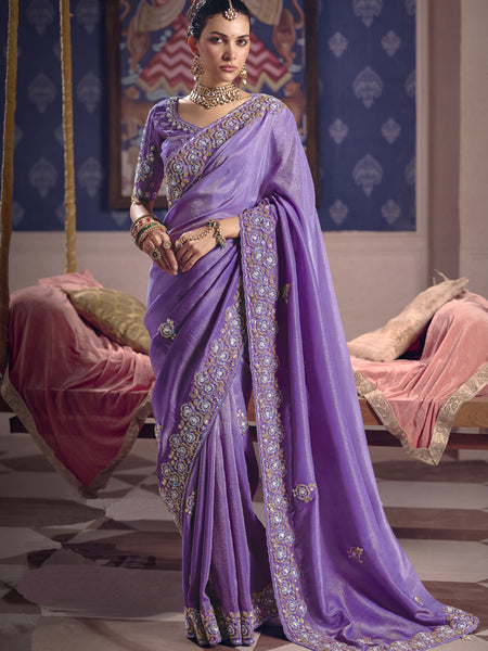 Purple Silk Embroidered Wedding Wear Saree