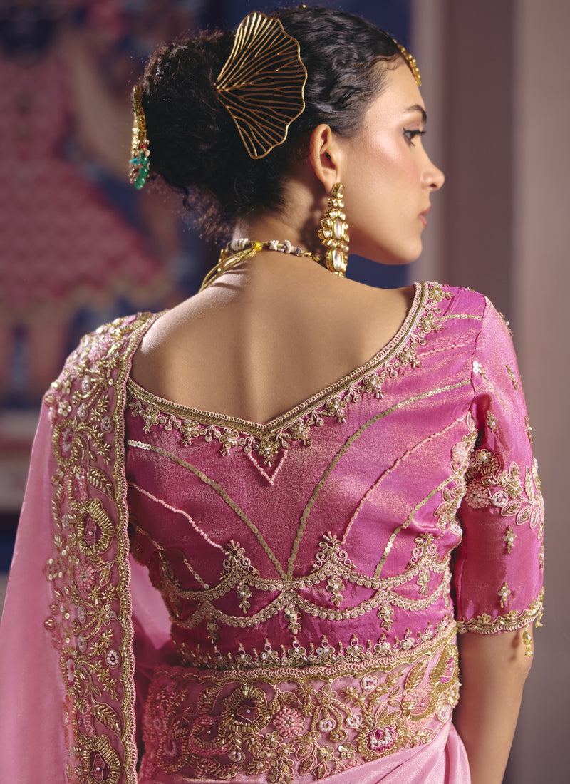 Light Pink Silk Embroidered Wedding Wear Saree