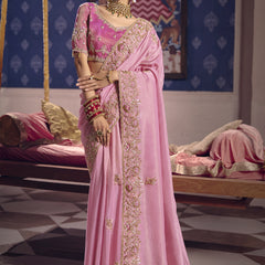 Light Pink Silk Embroidered Wedding Wear Saree