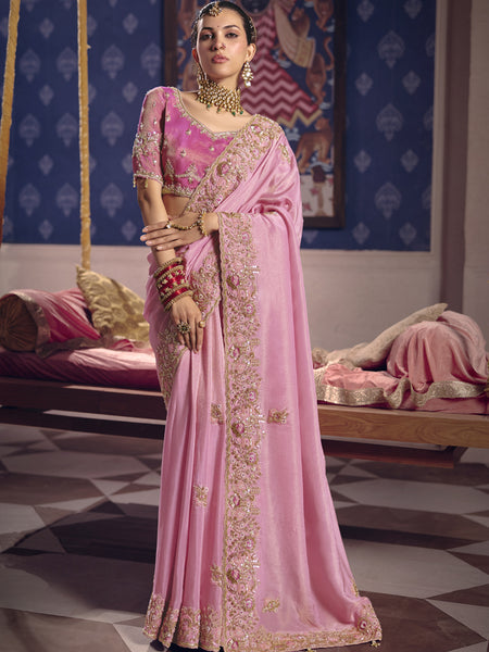 Light Pink Silk Embroidered Wedding Wear Saree