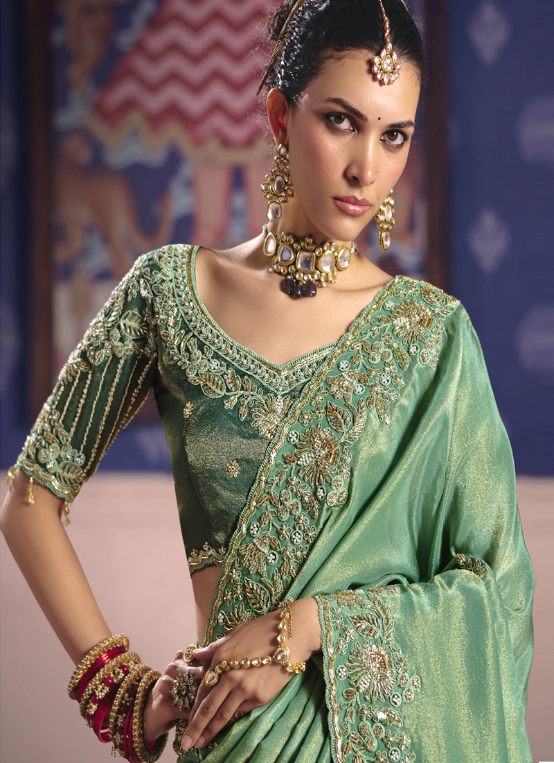 Dark Green Silk Embroidered Wedding Wear Saree