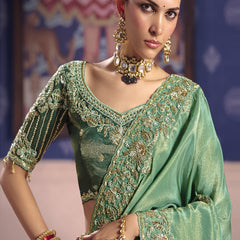 Dark Green Silk Embroidered Wedding Wear Saree