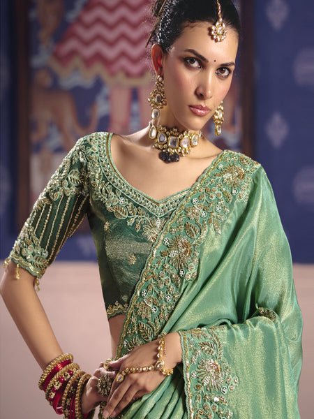 Dark Green Silk Embroidered Wedding Wear Saree
