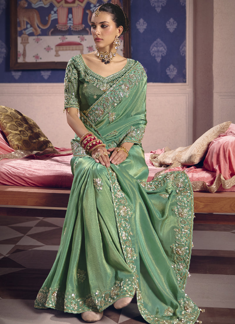 Dark Green Silk Embroidered Wedding Wear Saree