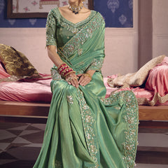 Dark Green Silk Embroidered Wedding Wear Saree