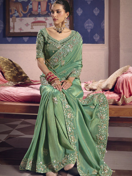 Dark Green Silk Embroidered Wedding Wear Saree