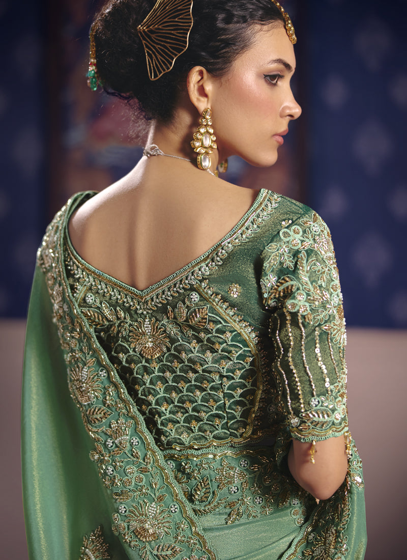 Dark Green Silk Embroidered Wedding Wear Saree