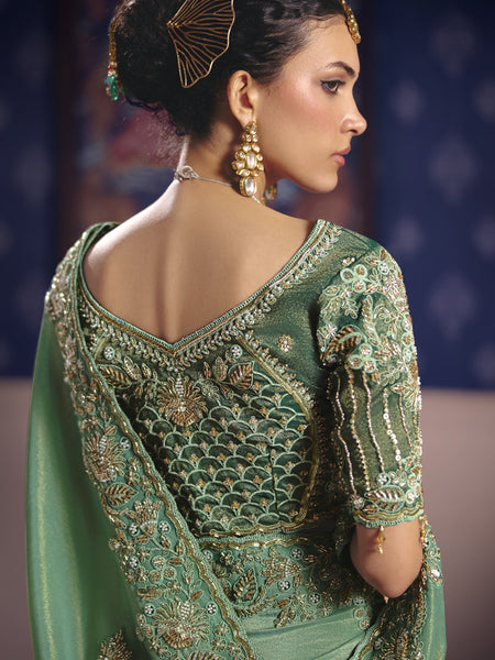 Dark Green Silk Embroidered Wedding Wear Saree