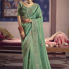 Dark Green Silk Embroidered Wedding Wear Saree