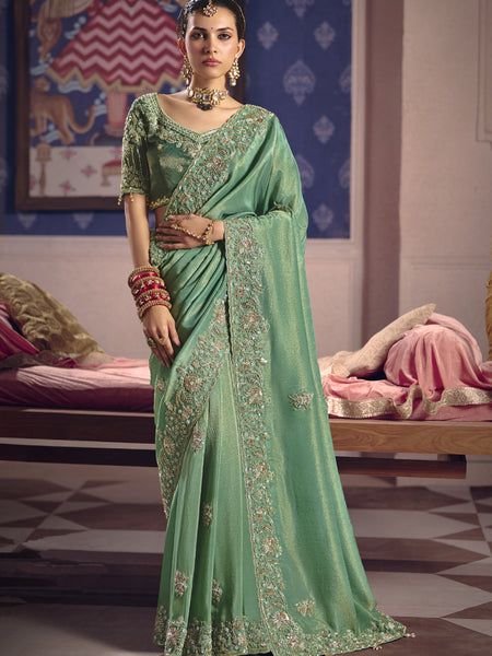 Dark Green Silk Embroidered Wedding Wear Saree
