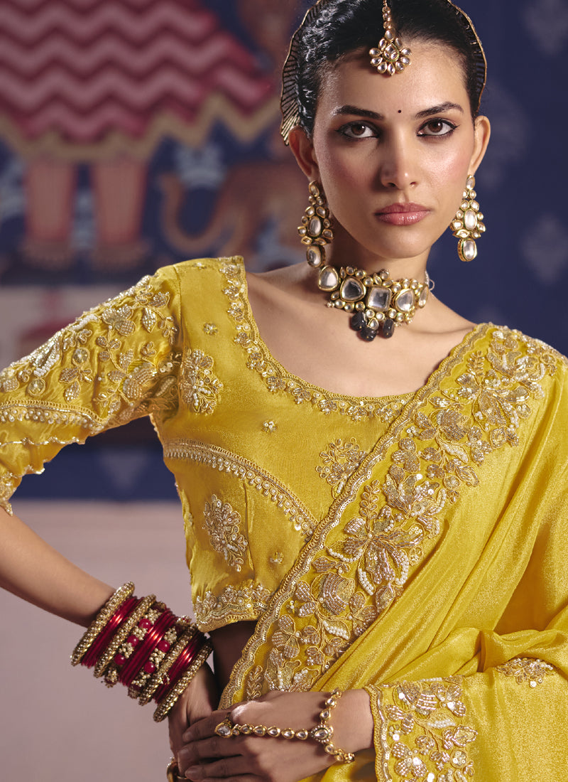 Yellow Silk Embroidered Wedding Wear Saree