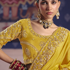 Yellow Silk Embroidered Wedding Wear Saree