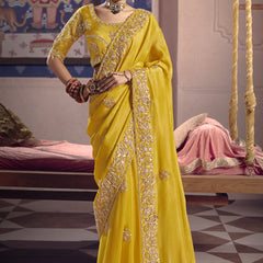 Yellow Silk Embroidered Wedding Wear Saree